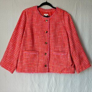 J. JILL Dahlia Tweed Fringe Jacket Blazer Clementine Buttons Coral Pink Large
